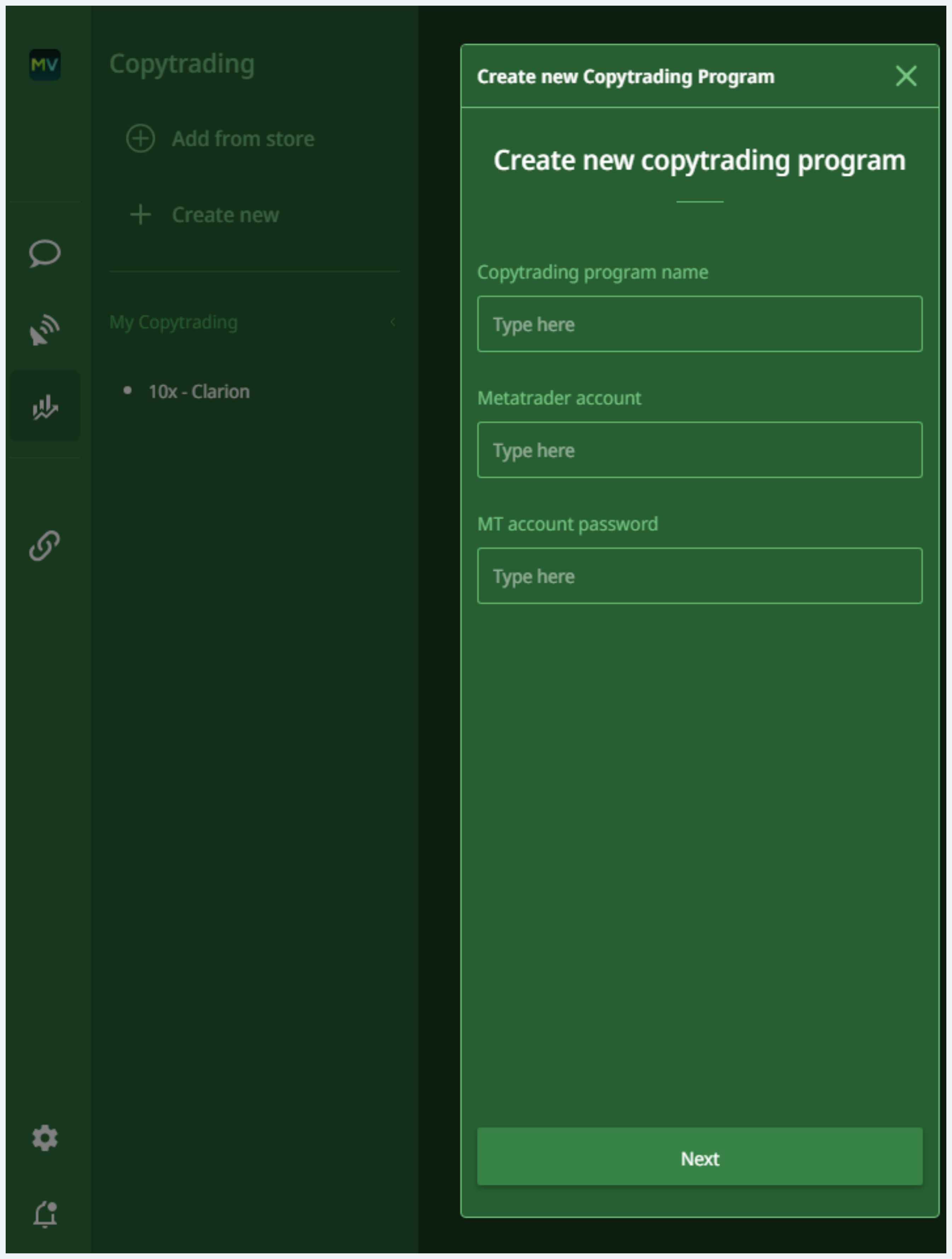Program creation form with Strategy name and MetaTrader account fields